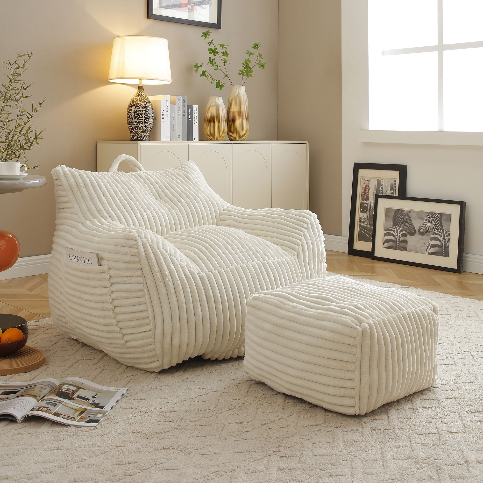 Giant Bean Bag Chair With Armrests And Footstool