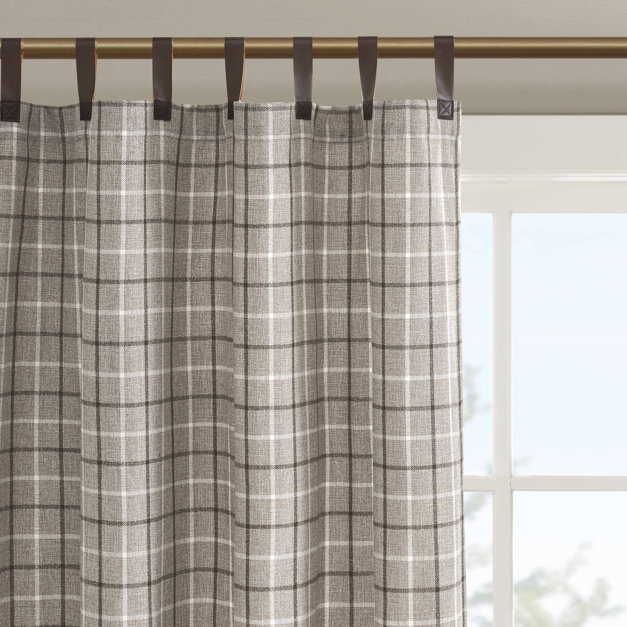 Anaheim - 50"x 95" Plaid Faux Leather Tab Top Curtain Panel With Fleece Lining - Brown