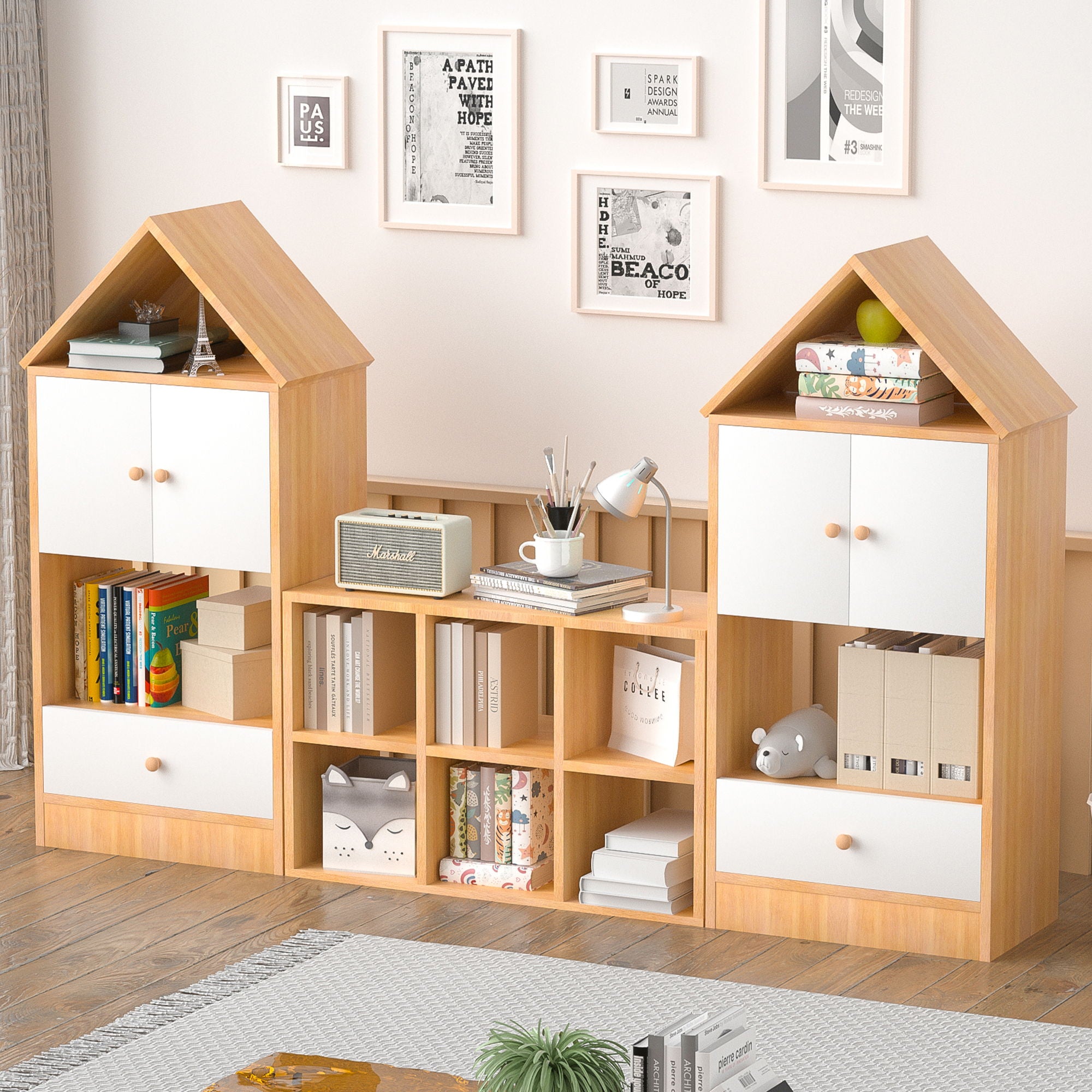 Versatile Children's Bookshelf With House Shaped Design, Multi Functional Storage For Books And Toys
