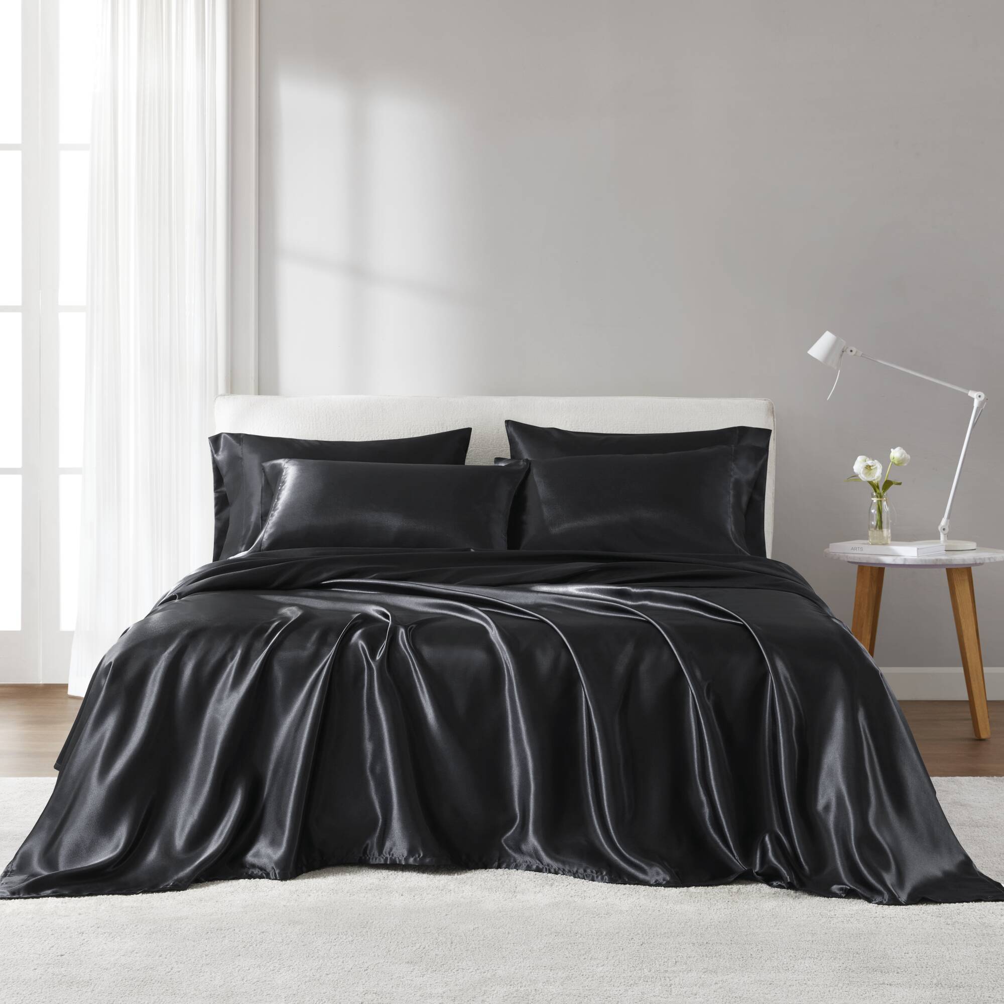 Satin - 7 Piece Split King Luxury Sheet Set - Black
