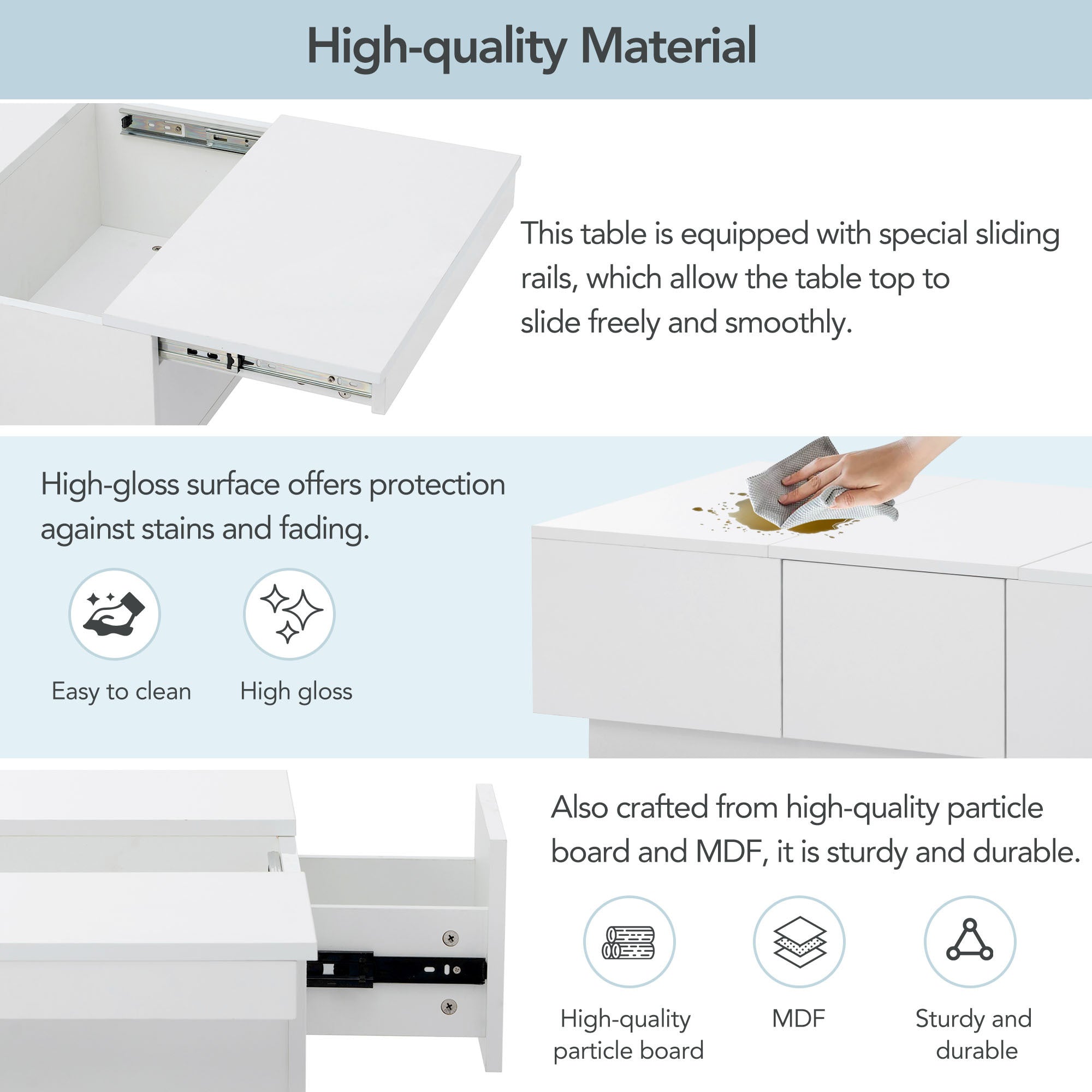Coffee Table with 2 large Hidden Storage Compartment, Extendable Cocktail Table with 2 Drawers, High-gloss Center Table with Sliding Top for Living Room, 39.3"x21.6", White