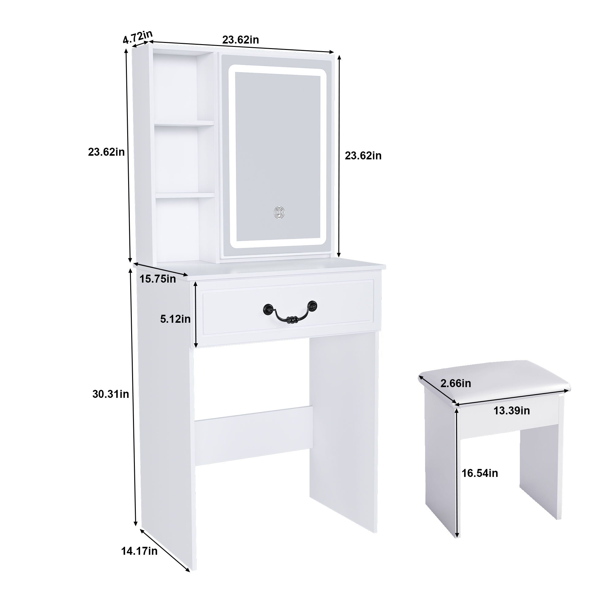 Modern Mini Dressing Table With Led-Lit Mirror & Hidden Storage, Adjustable Brightness Vanity Desk - White
