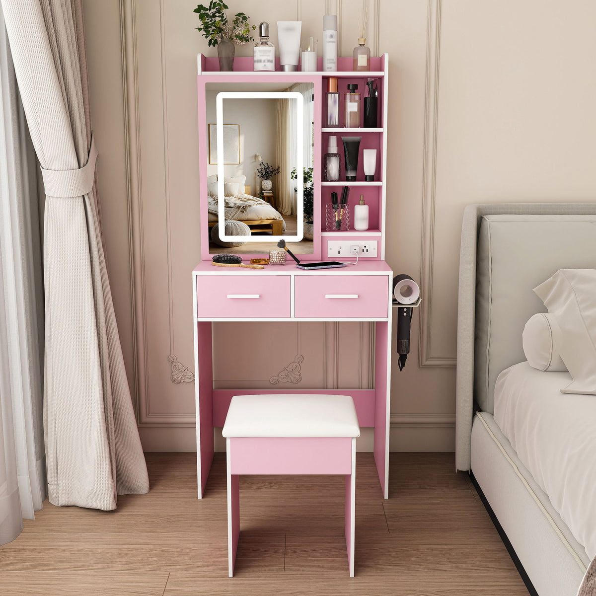 Small Makeup Vanity Desk With Adjustable LED Lights, Built In Power Outlet & Hidden Storage, Includes Padded Stool And Shelf - Pink