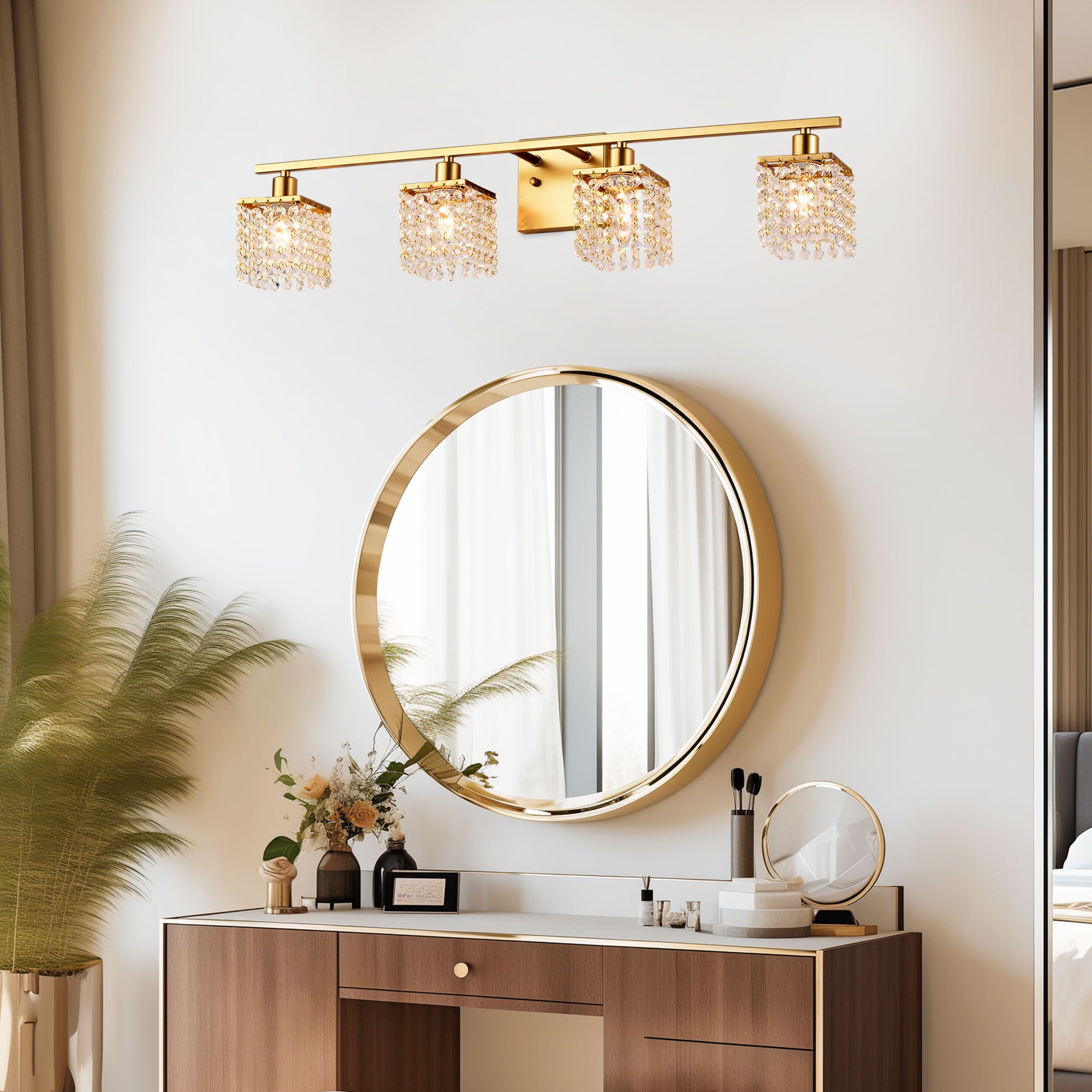 4 Light Bathroom Light, Modern Vanity Lights With Crystal Shade, Vintage Light Fixture Bathroom Over Mirror Wall Lights For Kitchen Dinning Room Bedroom Hallway (Does Not Include Light Bulbs) - Gold