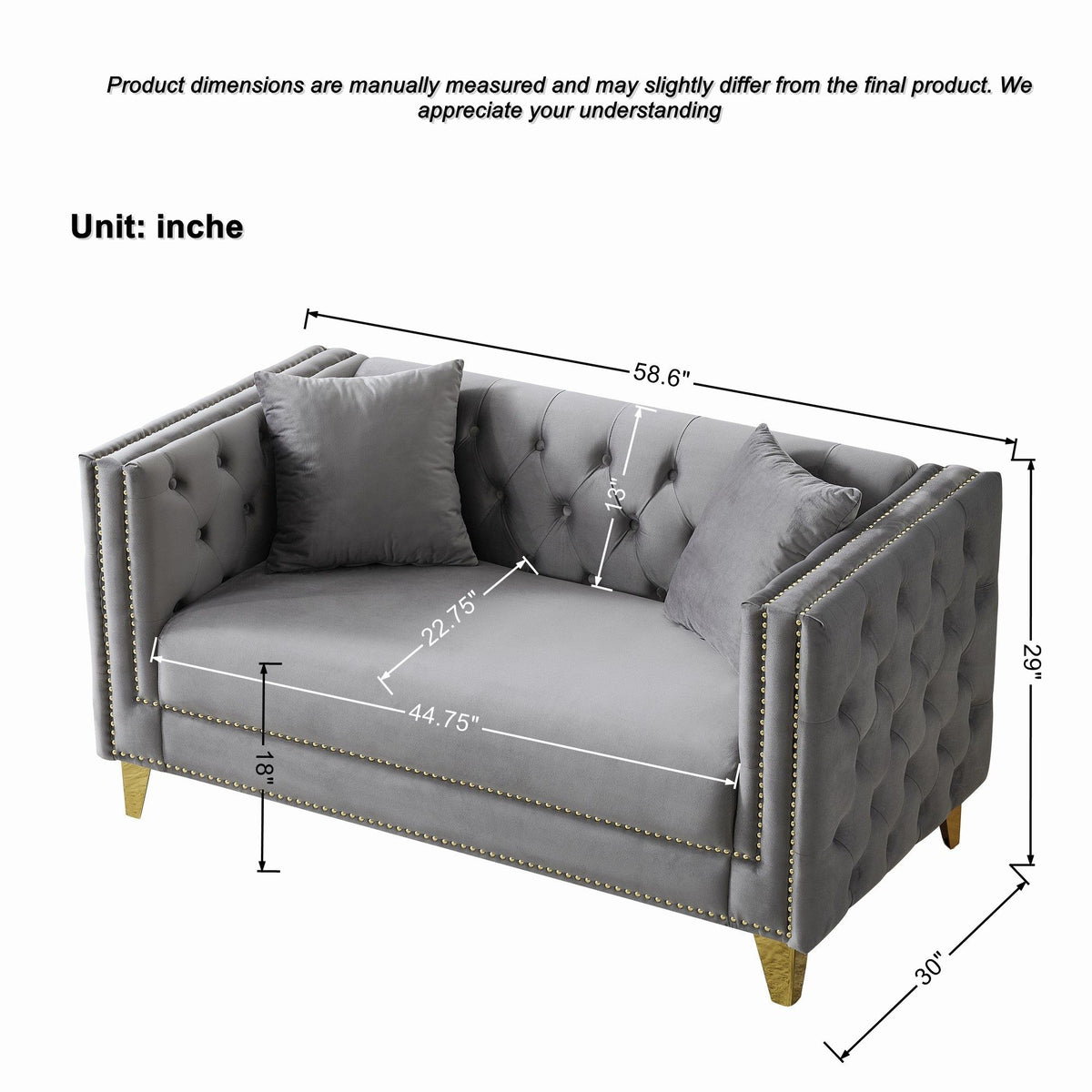 2 Seater Deep Seat Sofa With Button Nailhead, Square Arm