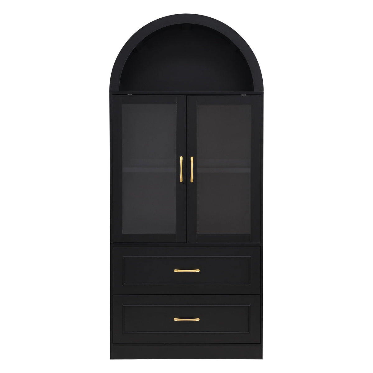 Arched Top Storage Cabinet With Fixed 2 Tier Shelves, 2 Large Drawers
