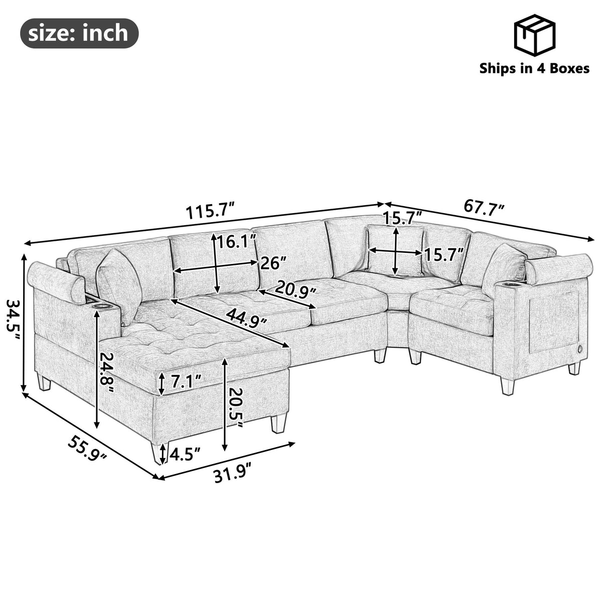 U Shaped Sectional Sofa, Corner Living Room Couch With Built In Cup Holders, Storage, USB Ports