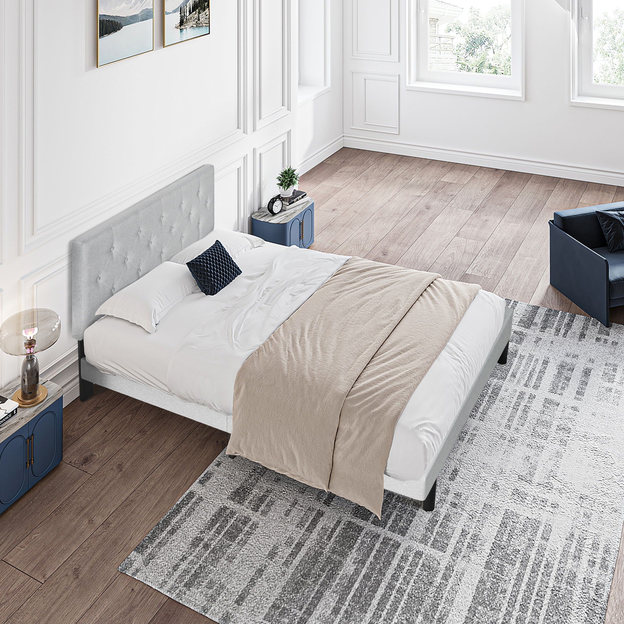 Modern Upholstered Platform Bed Frame With Button Tufted Fabric Headboard