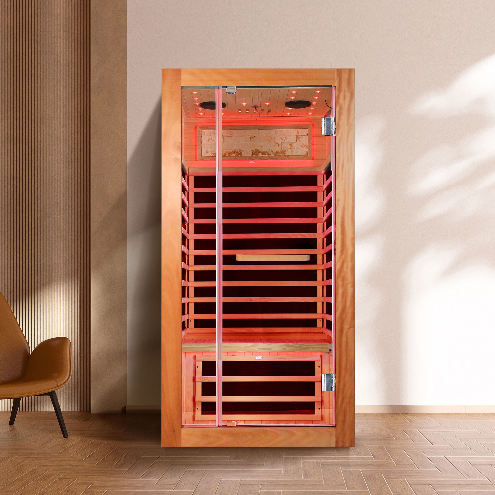 Single Person Sauna Room With LED Lighting, Epoxy Heating Plates, And Compact Design - American White Oak