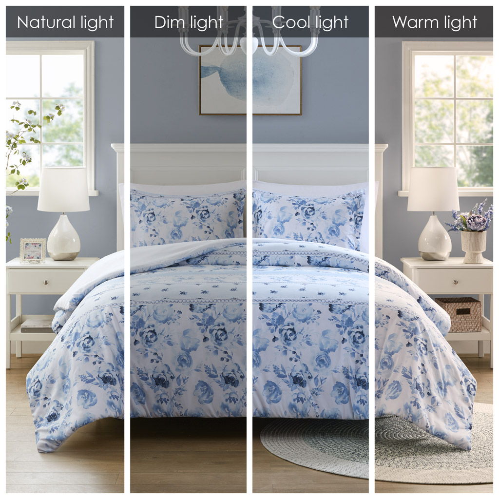 Christa - Floral Striped Twin Duvet Cover Set - Blue