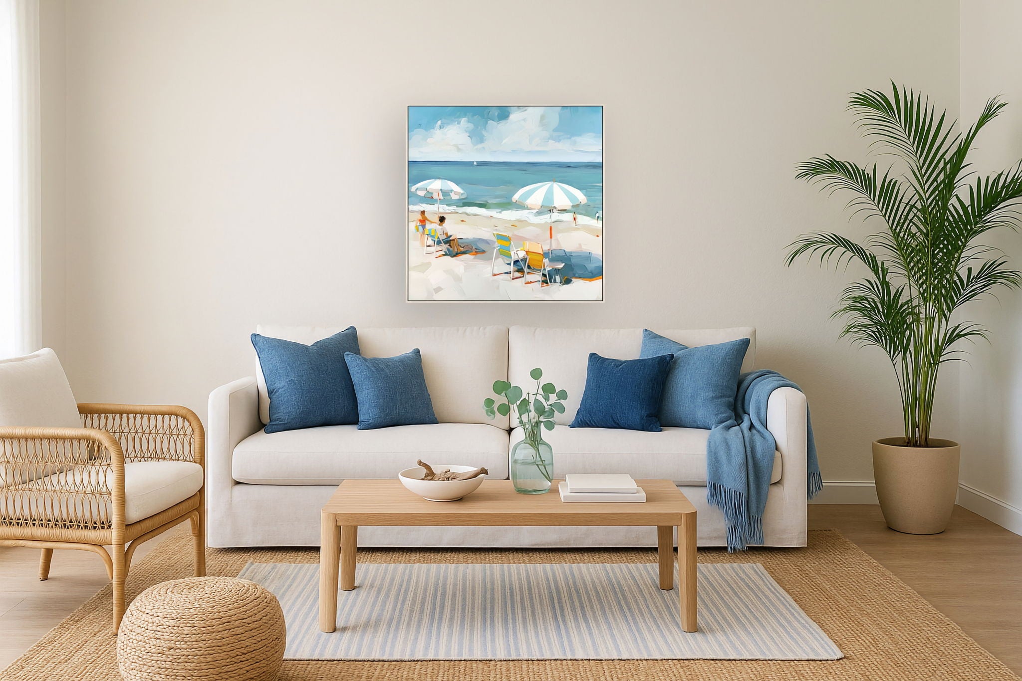 Seaside Umbrella View - 32" x 32" Framed Wall Art - Blue