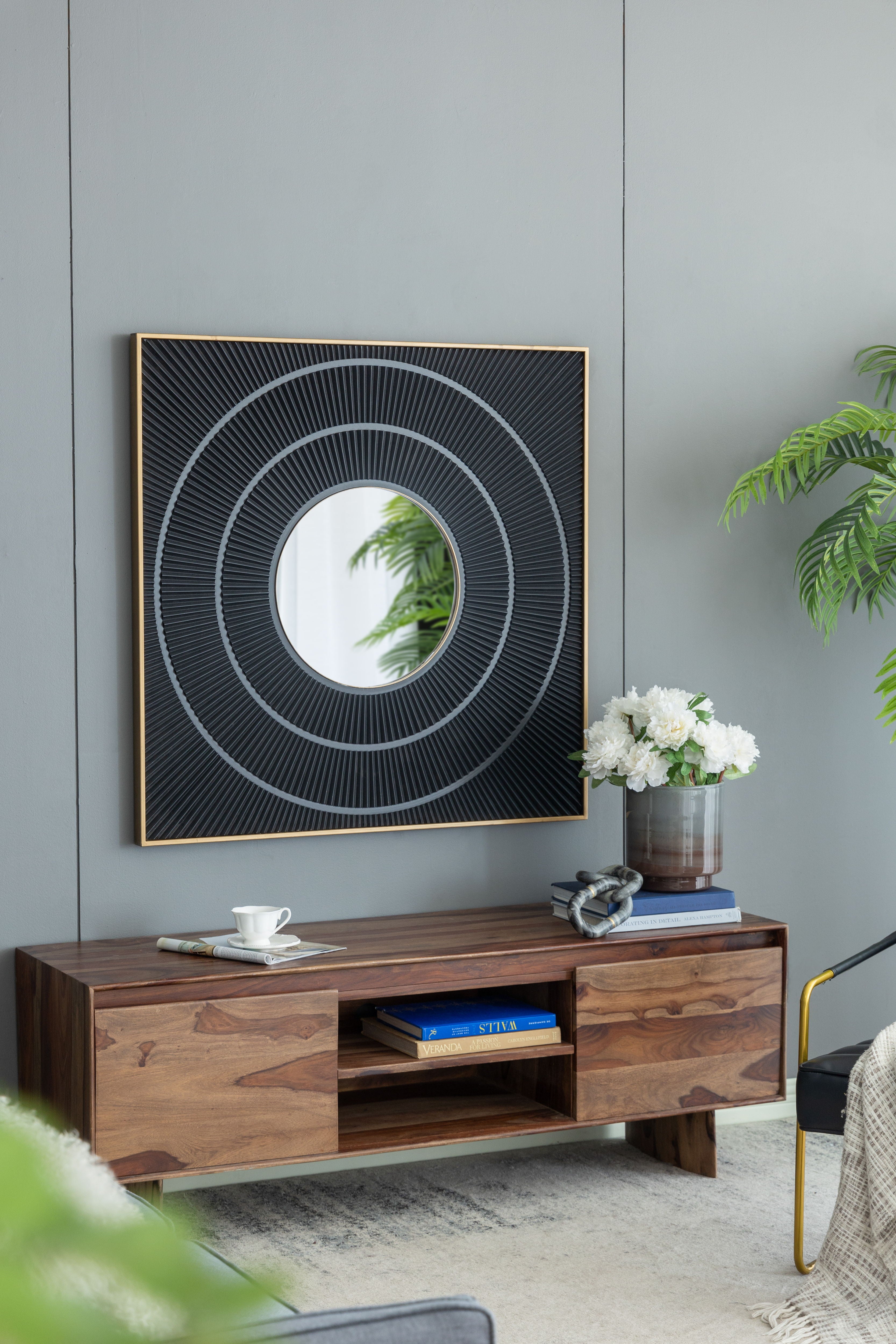 Square Carved Mirror With Pleated Design WithIron Frame, Neutral Colorway Wall Decor For Living Room Bathroom Entryway