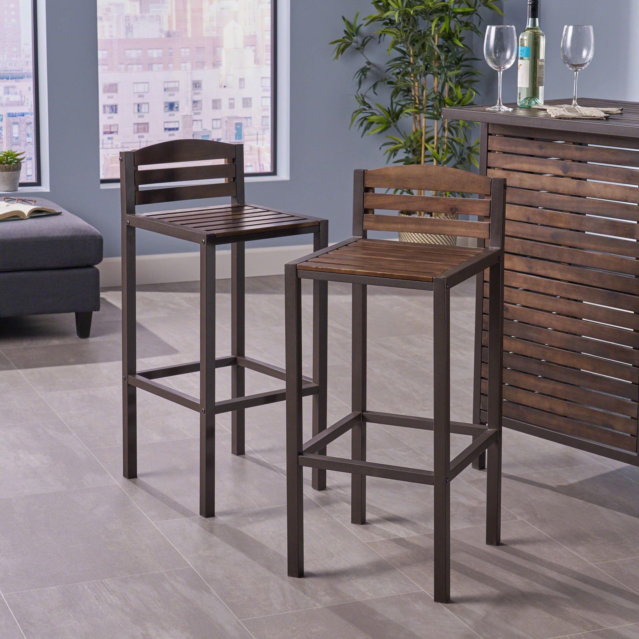 Outdoor Barstool With Slat Panel Design (Set of 2) - Dark Brown