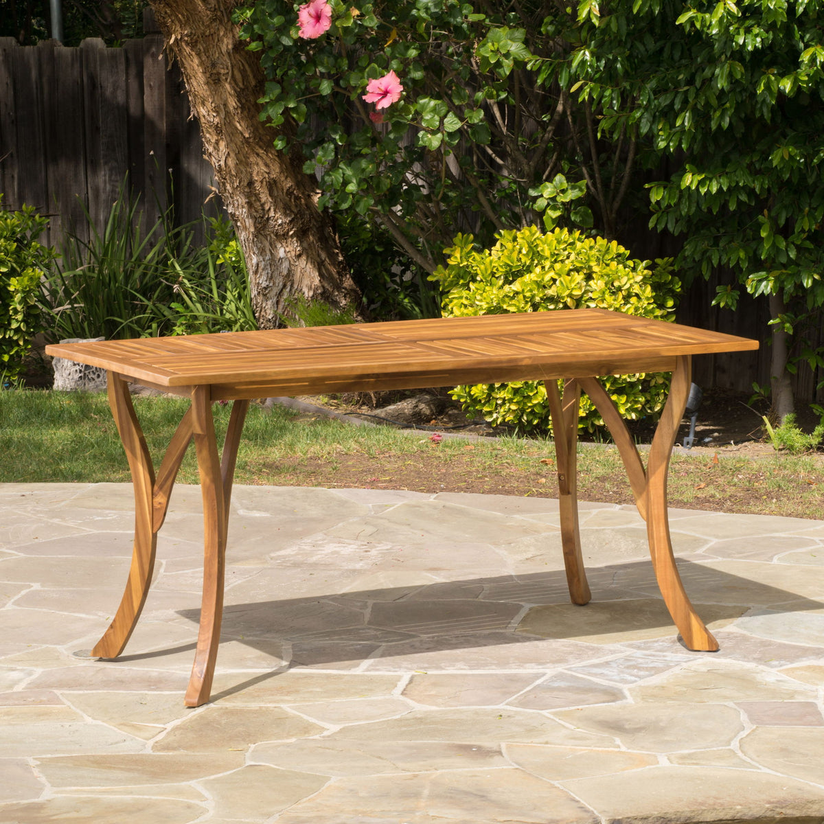 Outdoor Rectangular Table With Curved Legs And Perpendicular Wooden Slats Table Top