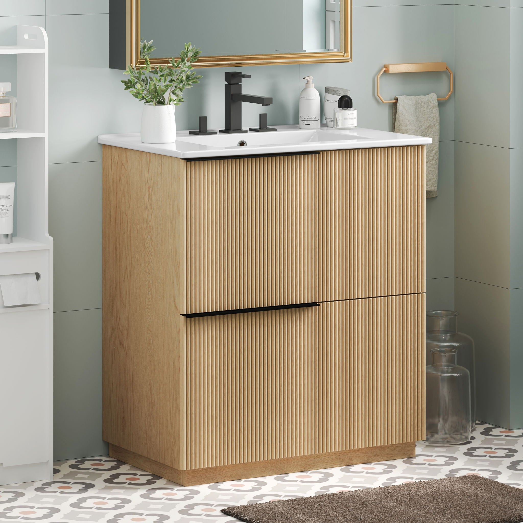 Fluted Bathroom Vanity With Ceramic Sink, Soft Close Slides
