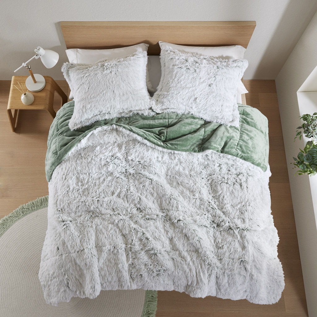 Malea - 3 Piece Full/Queen Shaggy Comforter Mini Set - Green/White