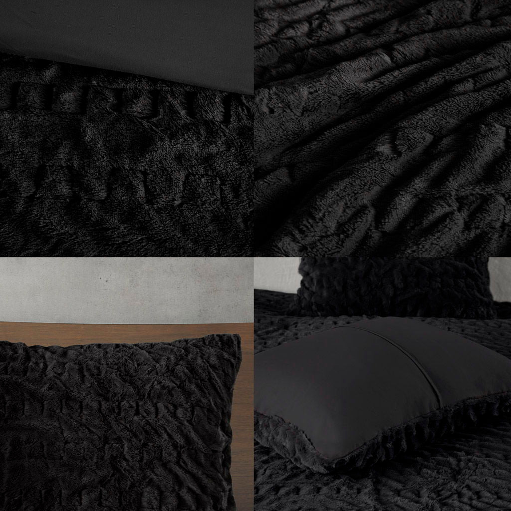 Blair - Ruched Fur Down Alternative King Comforter Set - Black