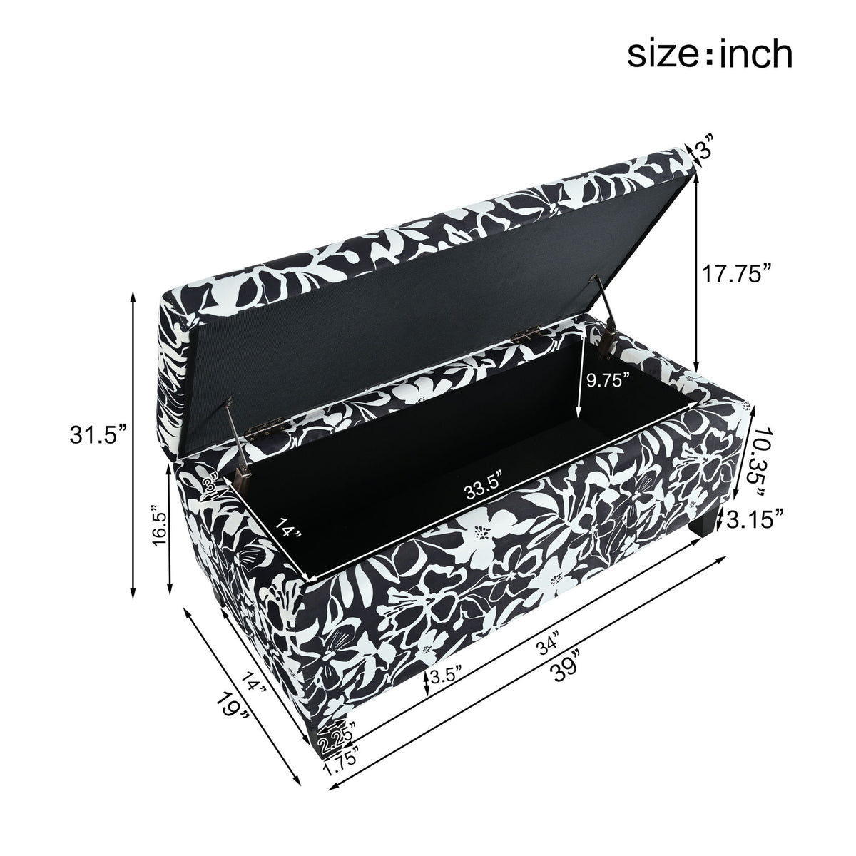 Luxury Storage Ottoman With Floral Patterned Fabric, Soft-Close Hinges, Multi Functional