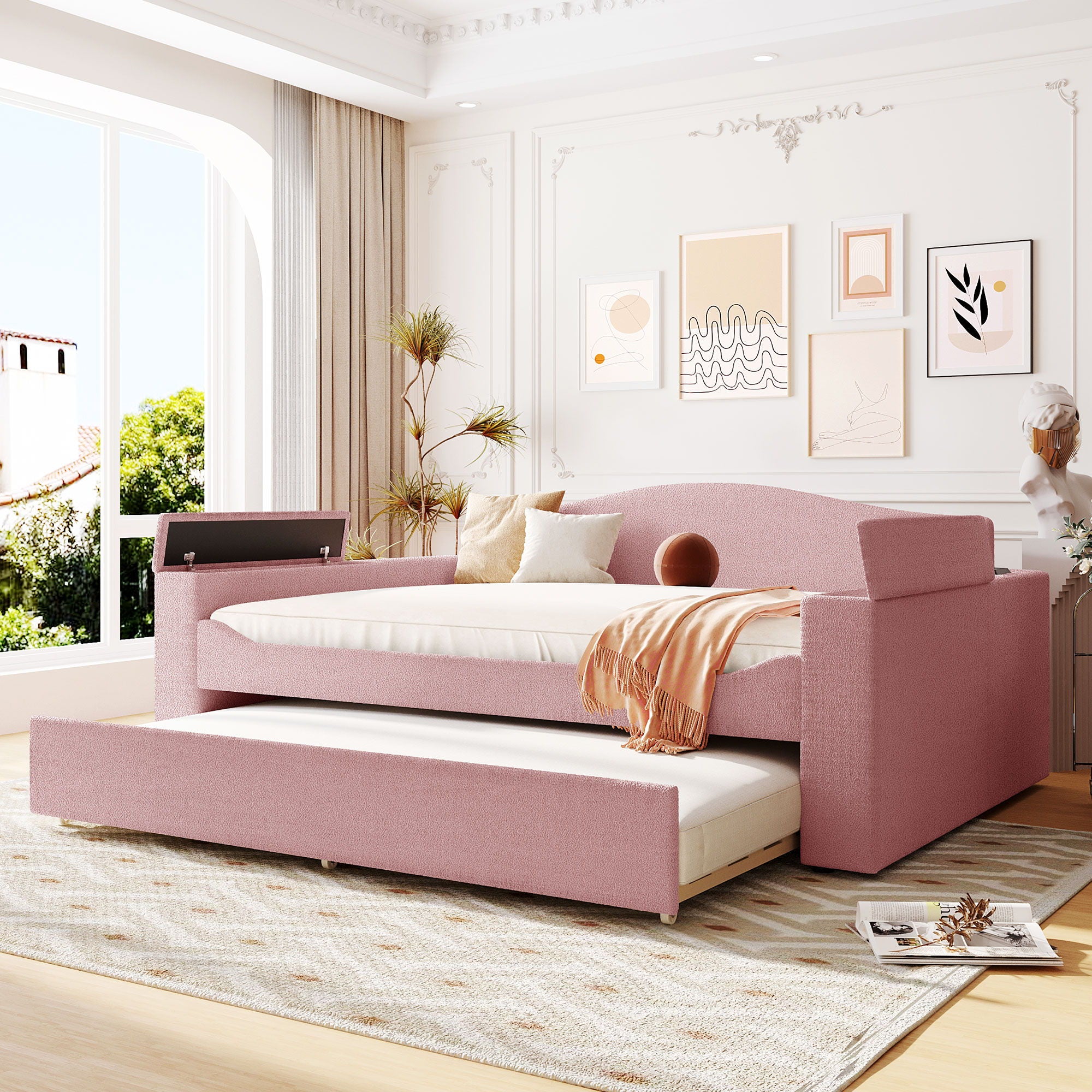 Upholstered Daybed With Storage Armrests, Trundle And Latest Integrated tooth Audio System