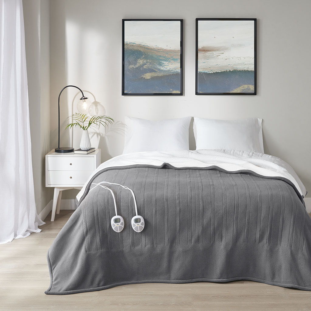 Fleece to Sherpa - Queen Comfort Heated Blanket - Dark Gray