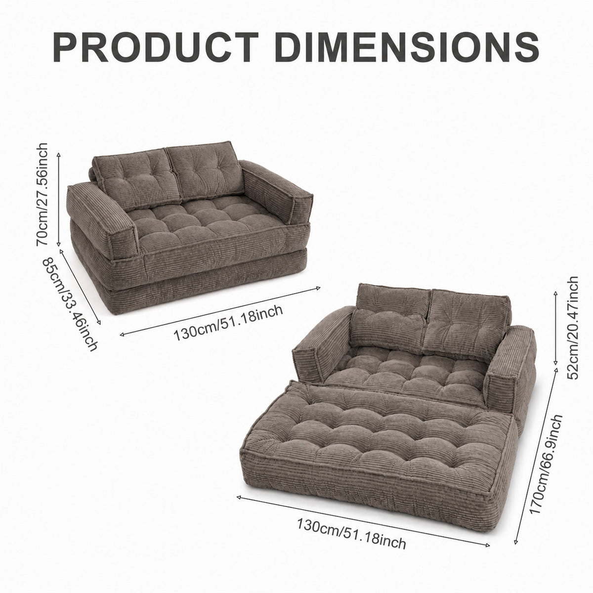 2 Seater Modular Sofa With Chaise Lounge, Boneless Floor Couch For Living Room - Coffee