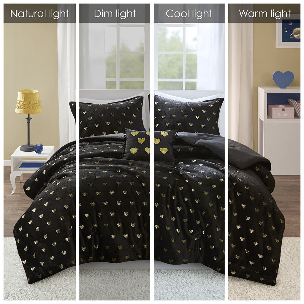 Rosalie - 4 Piece Full/Queen Metallic Printed Plush Comforter Set With Throw Pillow - Black/Gold