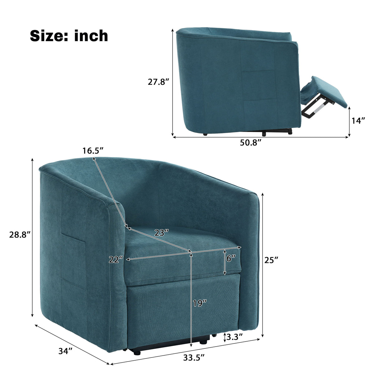 Power Lift Recliner Barrel Shape Reclining Chair With Footrest And Side Pocket