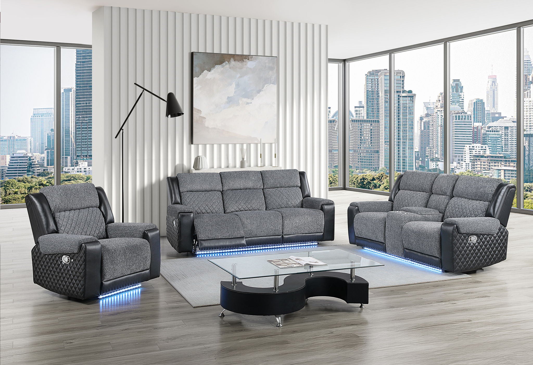 U5914/U5915 - 3 Piece Living Room Set (Reclining Sofa, Console Reclining Loveseat With Immersive Sound, Blue LED And Recliner) - Black / Gray