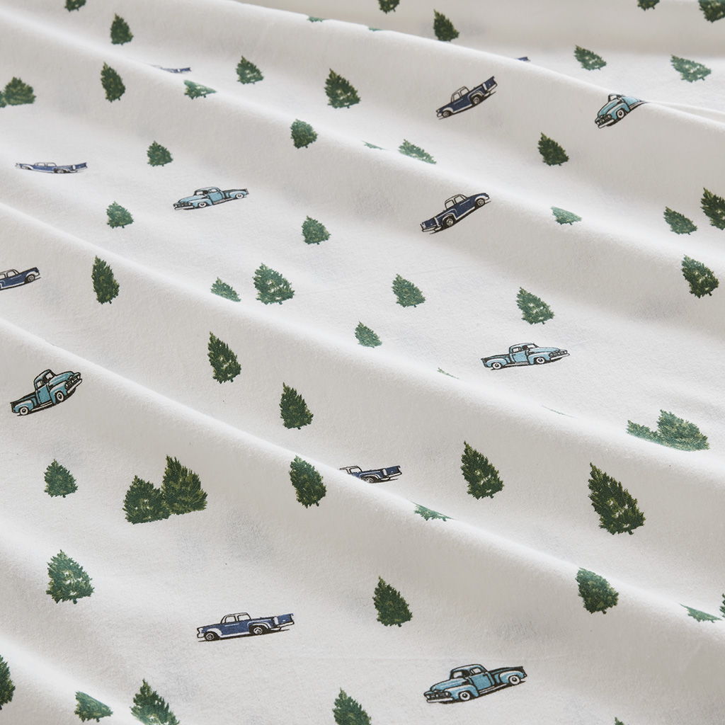 Flannel - 4 Piece Full Sheet Set - Green Trees & Trucks