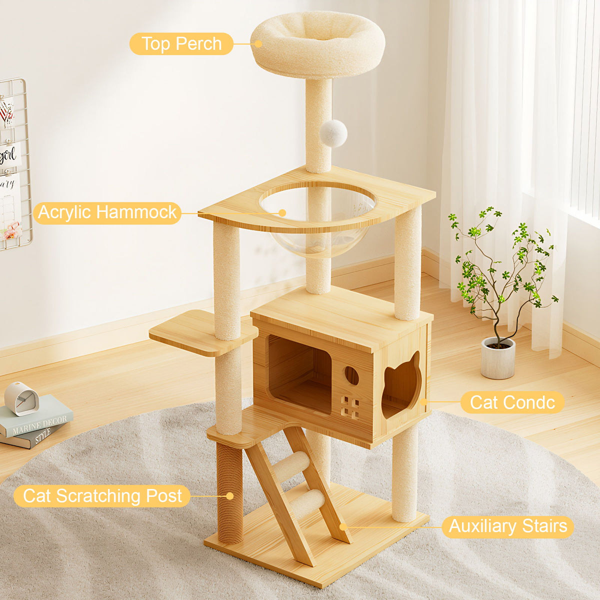 Modern Cat Tower, Wood Cat Tree Tower For Indoor Cats, Cat Tree With Sisal Covered Scratching Posts And Top Perch - Natural / White