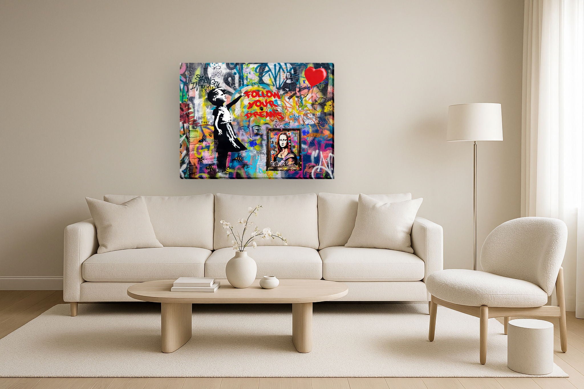Heart Balloon Graffiti - 36" x 48" Framed Wall Art - Red
