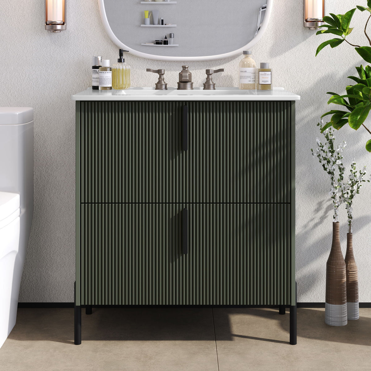 Bathroom Vanity With Ceramic Sink, Fluted Design