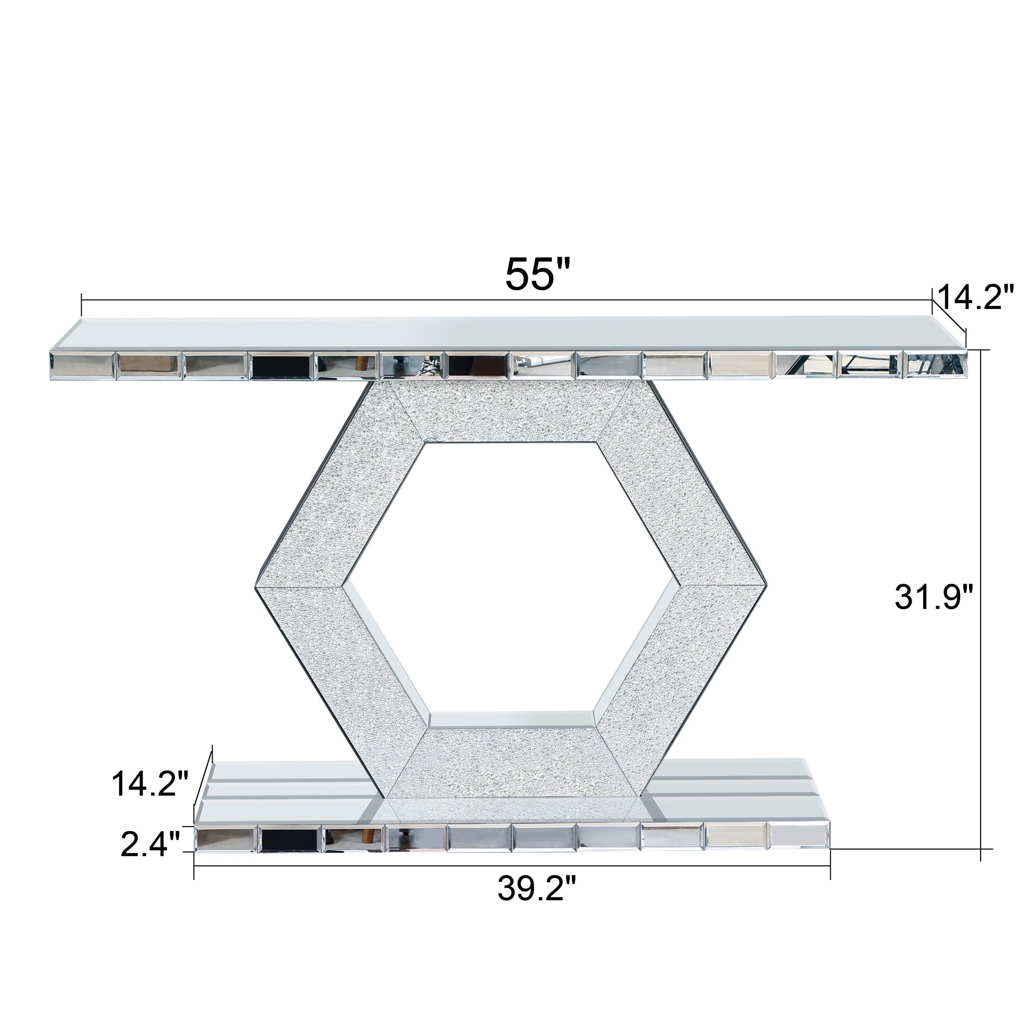 Sparkling Crystal Hexagon Mirror Entryway Premium Modern Foyer Console Table With Diamond Glass Effects, Dual Tier Luxury Sofa Table - Silver
