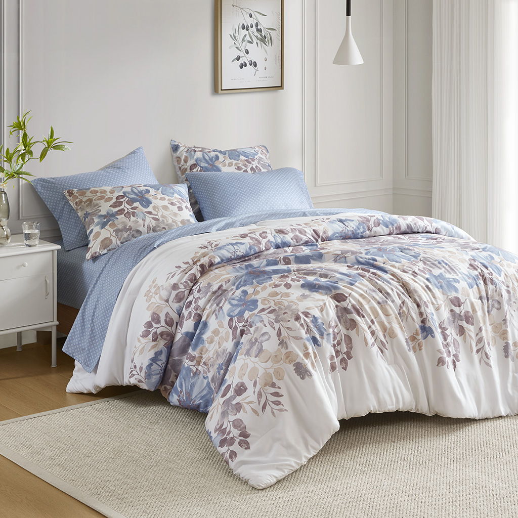 Luna - Floral King Comforter Set With Bed Sheets - Blue