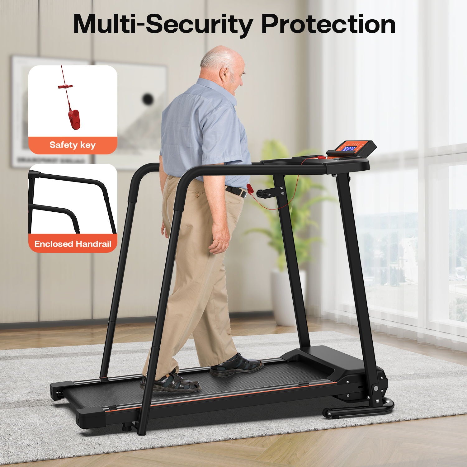 Home Fitness Treadmill With Extended Handrails, Portable Foldable Design - Black / Orange