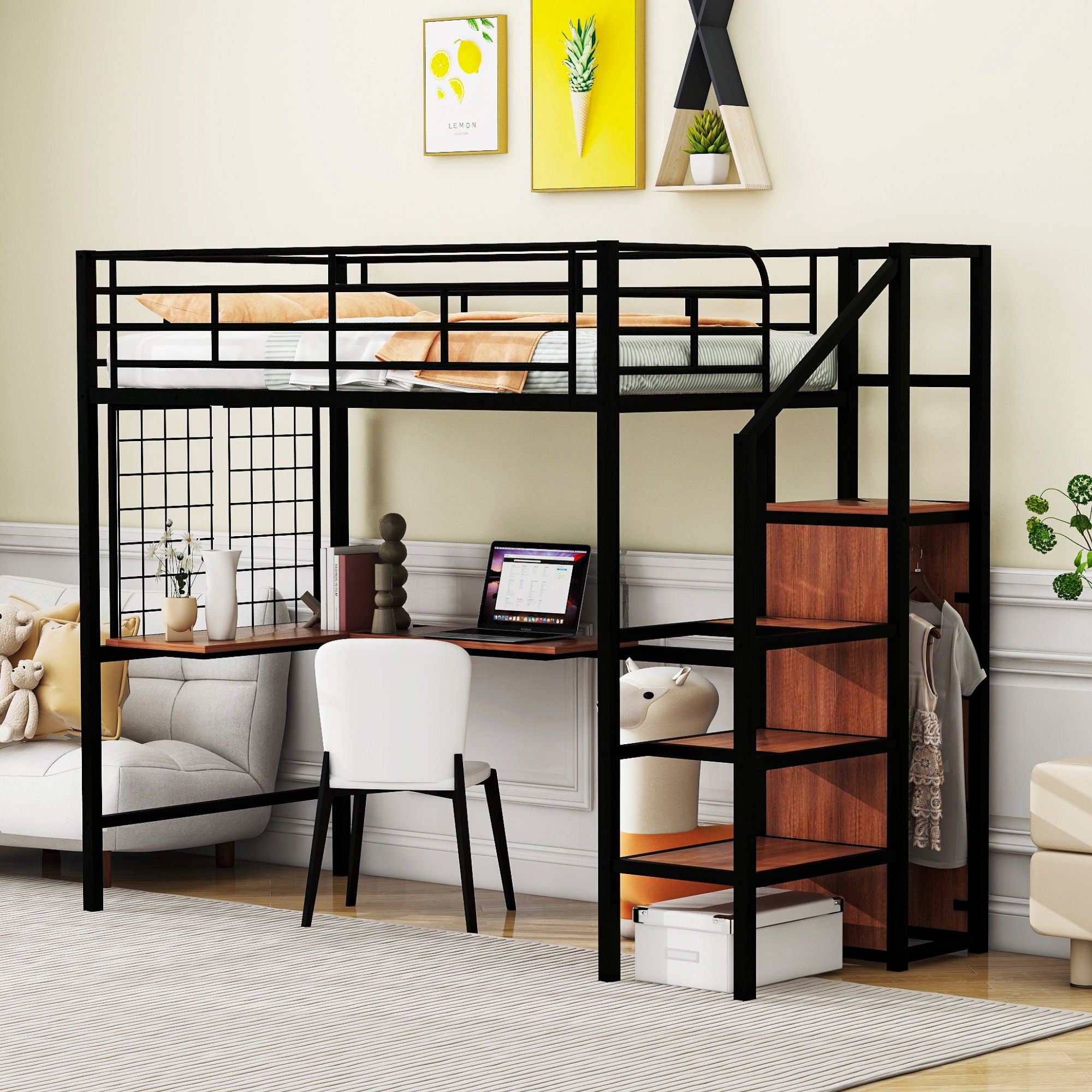 Twin Size Loft Bed With Desk And Grid, Storage Ladder And Wardrobe - Black