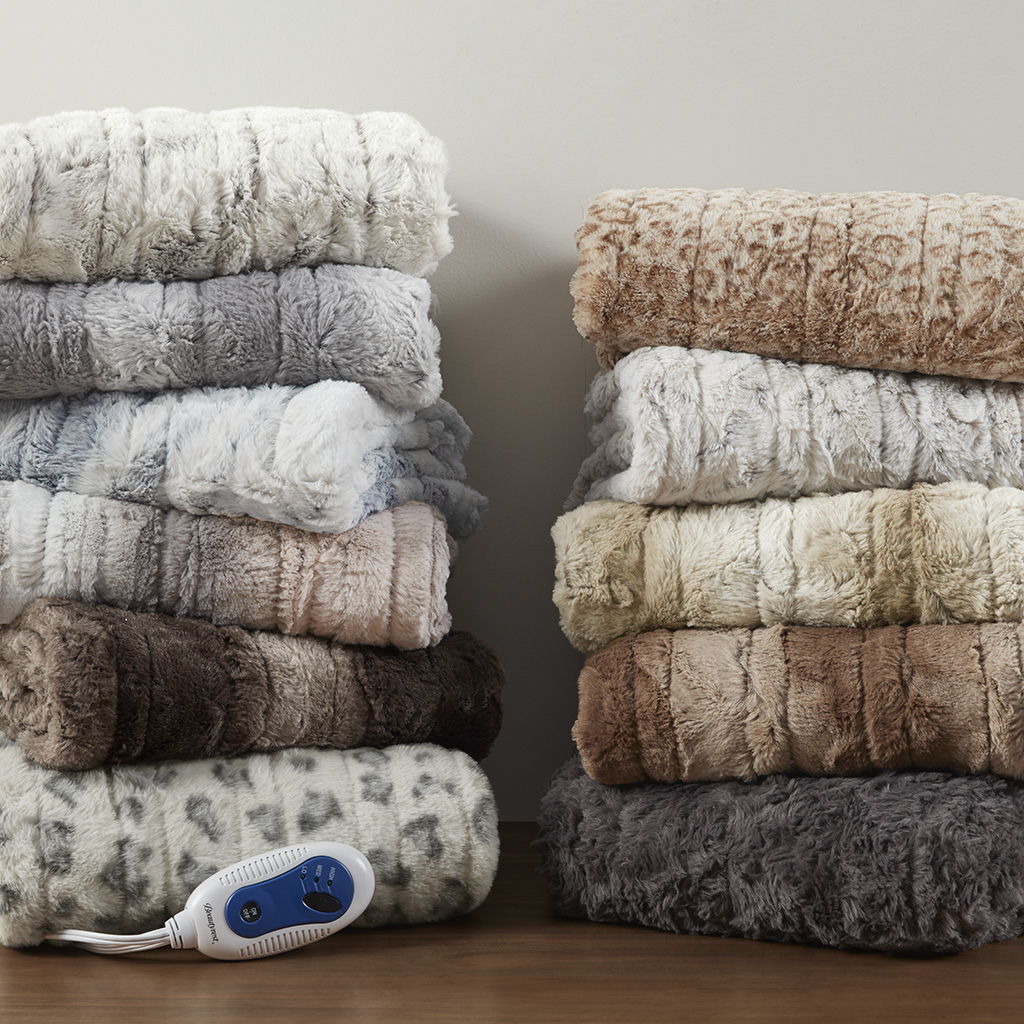 Zuri - Oversized Faux Fur Heated Throw - Natural Marble