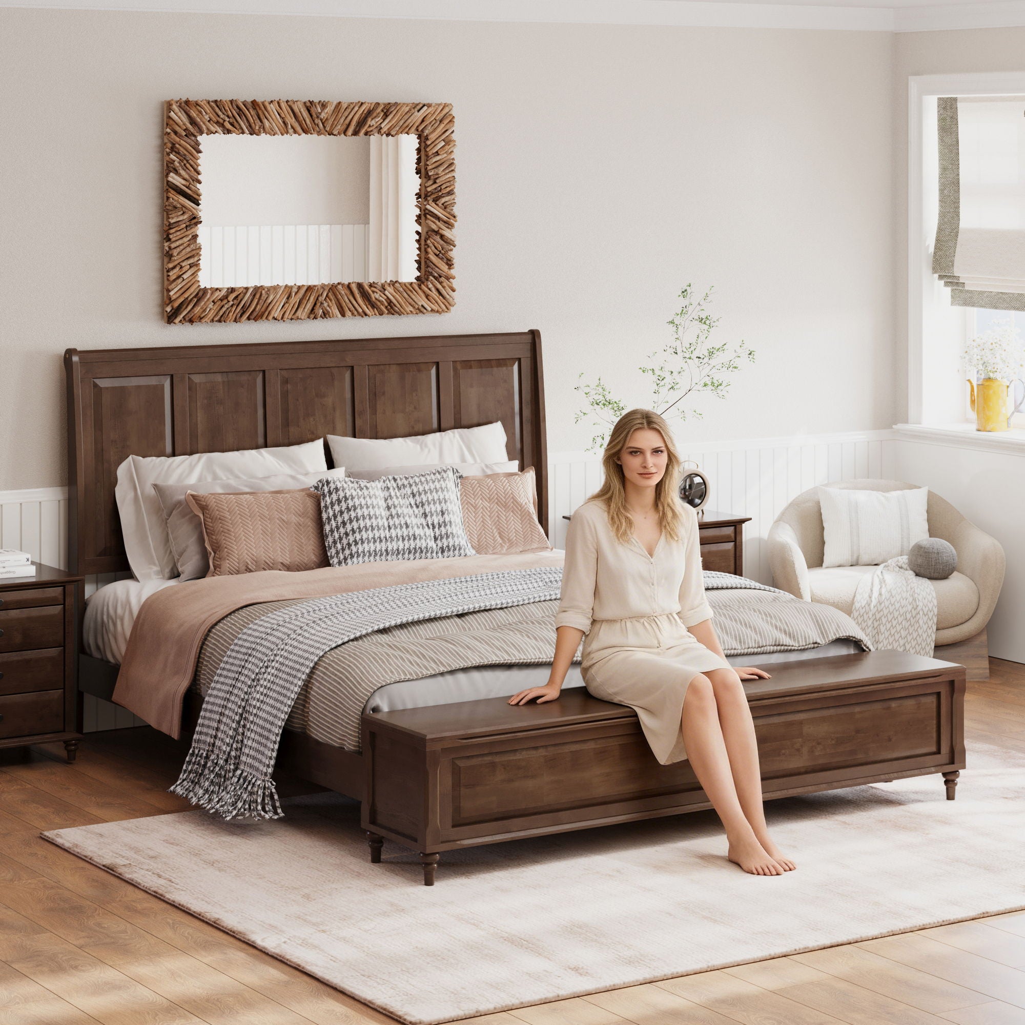 Sleigh Bed Frame With Tall Headboard And Storage Bench
