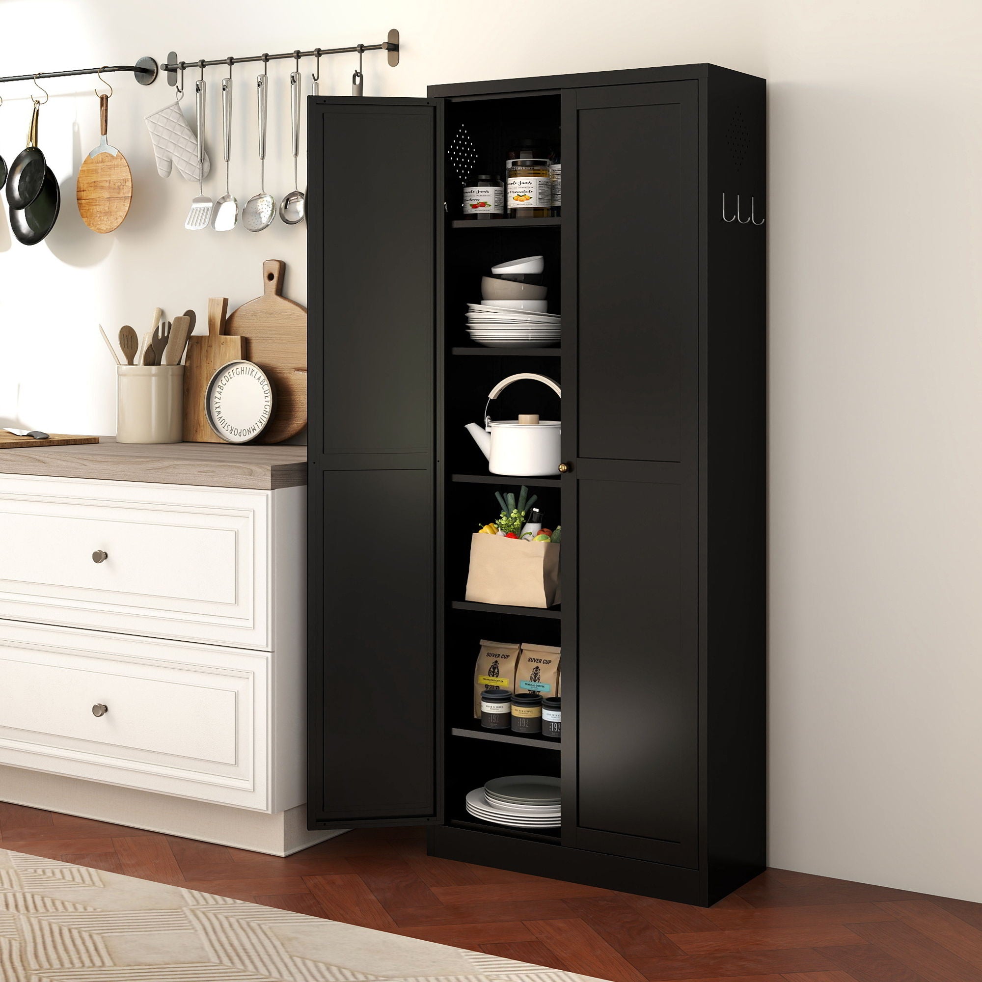 Kitchen Pantry Cabinet With 4 Adjustable Shelves, Heavy Duty Freestanding Organizer