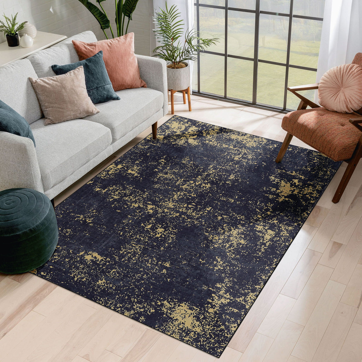Maval - 6' X 9' Washable Area Rug - Black / Gold