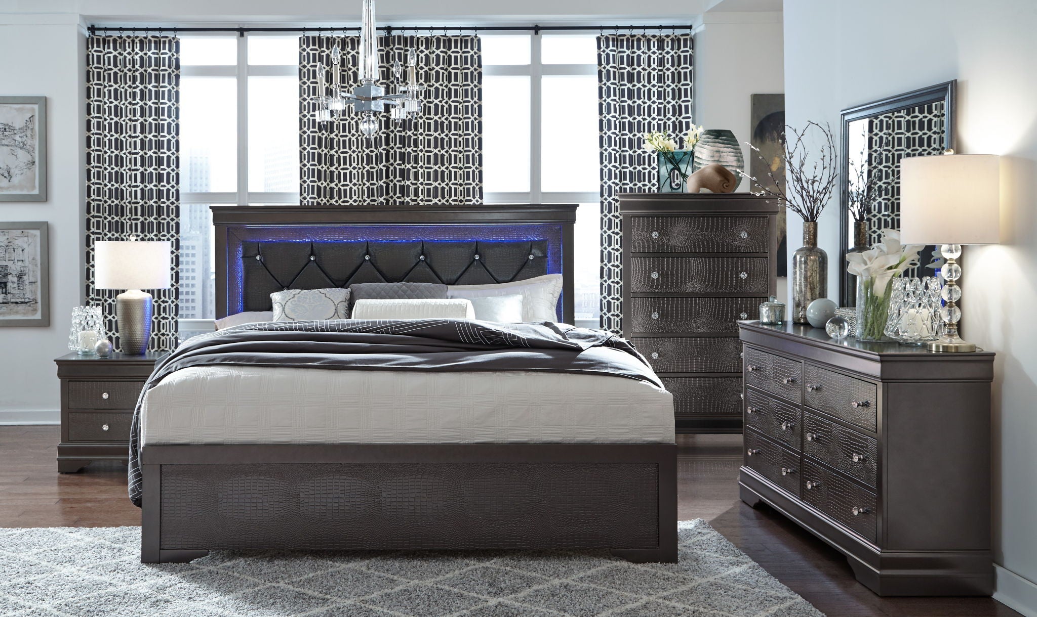 Pompei - Full Bed Headboard With LED Light And Footboard - Metallic Gray