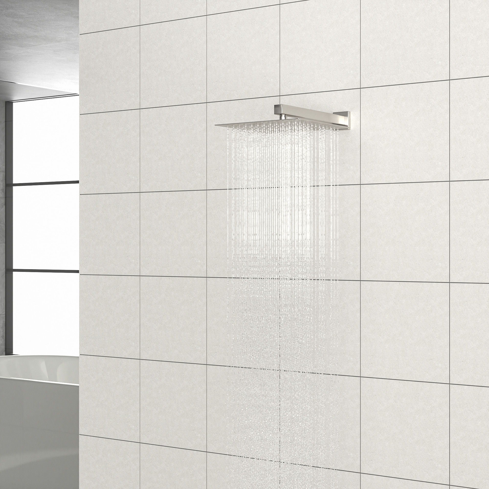 16" Square Rainfall Shower Head Fixed Wall Mount With Full Body Coverage & Self Cleaning Silicone Nozzles