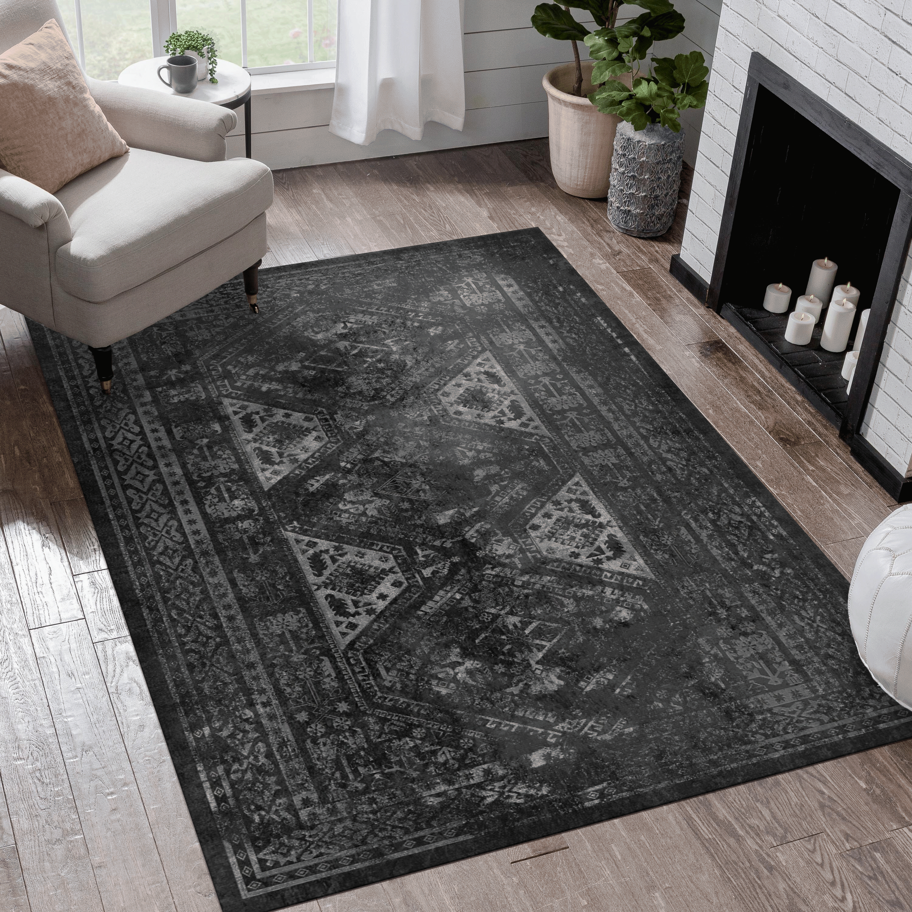 Naar Area Rugs 8x10 for Living Room, Washable Rug, Low-Pile, Non-Slip, Non-Shedding, Foldable, Kid & Pet Friendly - Area Rugs for living room, bedroom, kitchen, dining room, (Black+ Gray, 8' x 10')