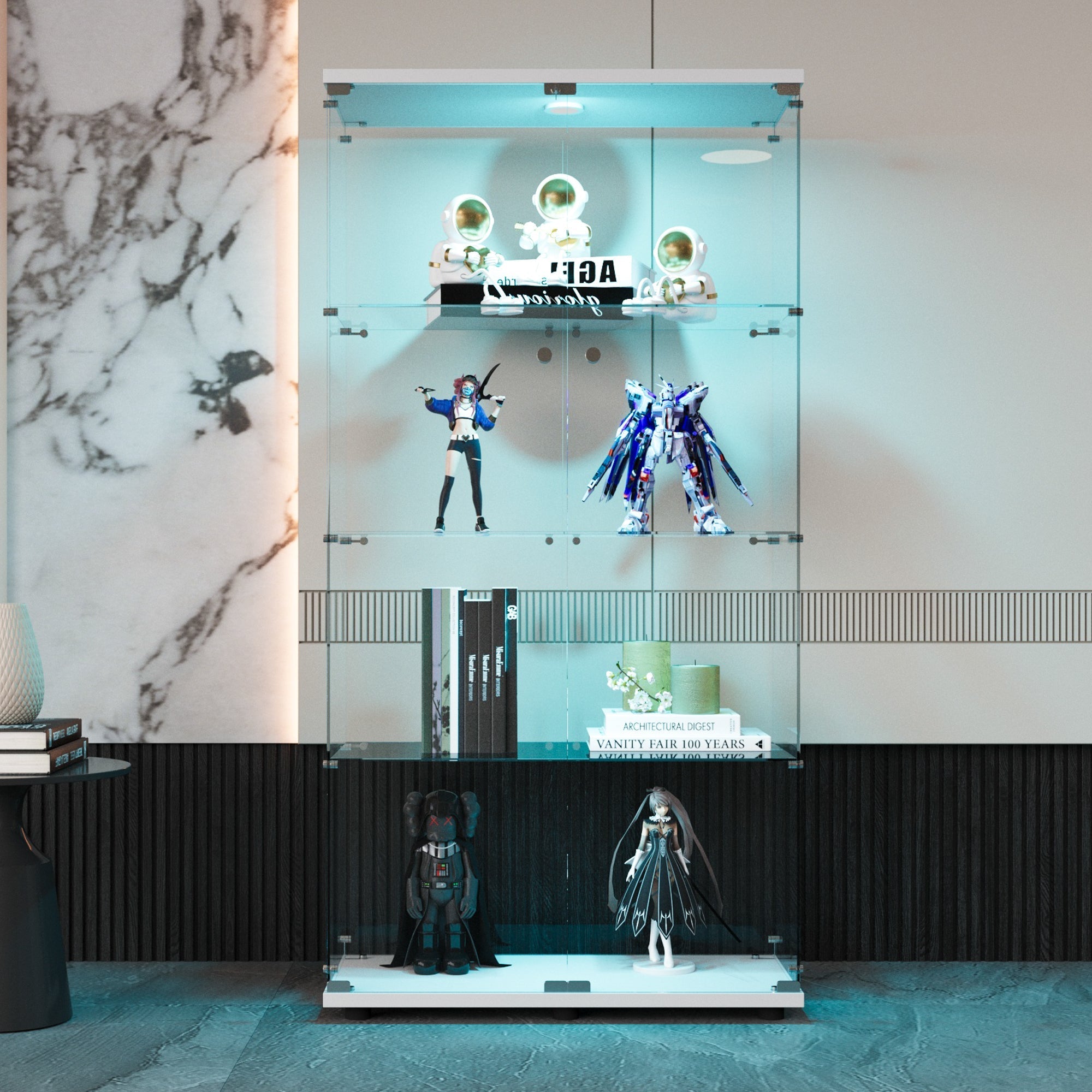 Two-door LED lights Glass Display Cabinet 4 Shelves with Door, Floor Standing Curio Bookshelf for Living Room Bedroom Office, 64.7"*31.7"*14.3", White