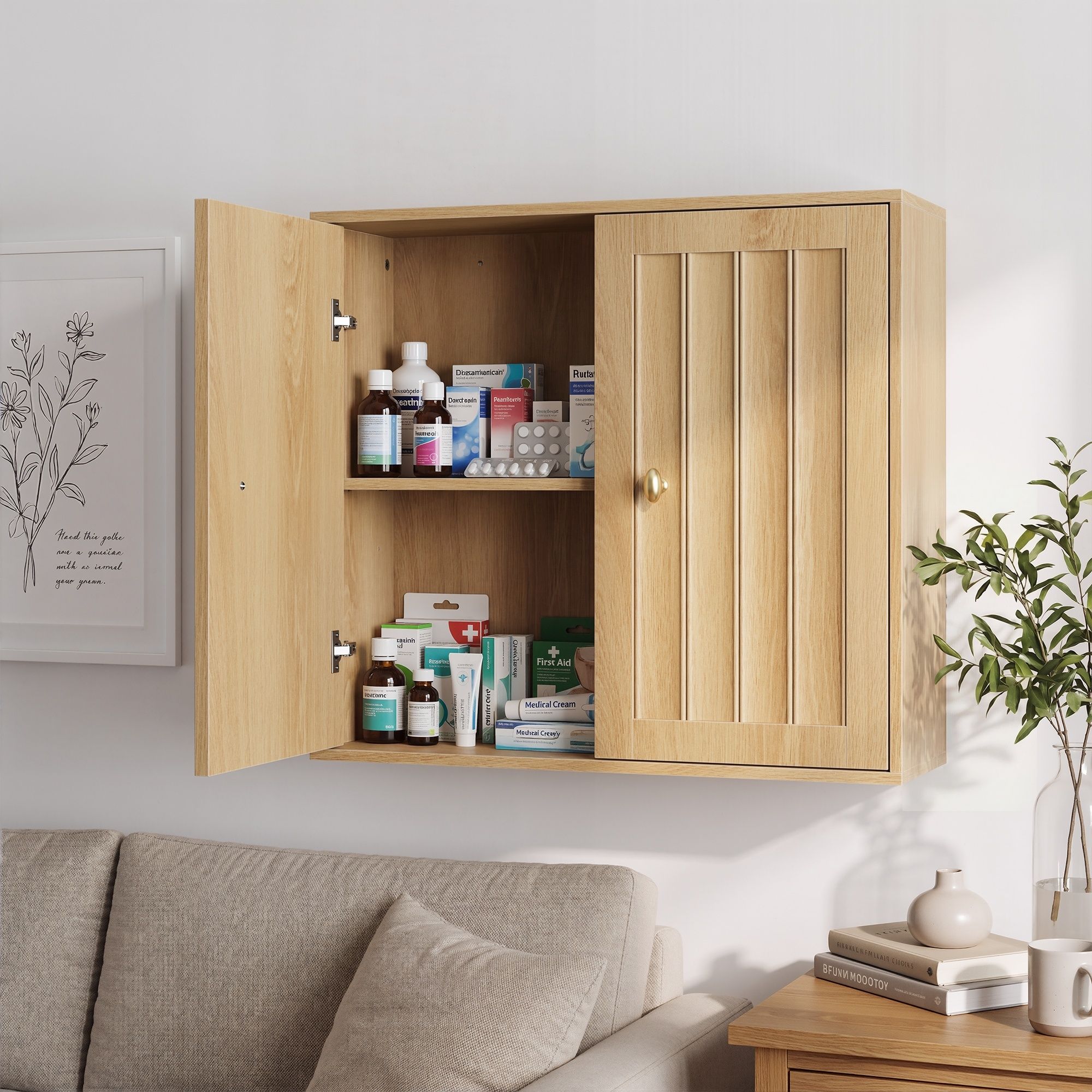 Wall Mounted Bathroom Cabinet With Double Doors And Vertical Grooved Design For Bathrooms - Oak