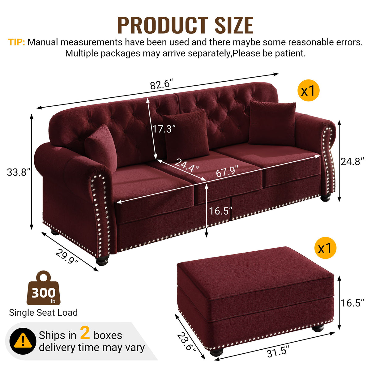 Upholstered 3 Seater Sofa Set With Ottoman