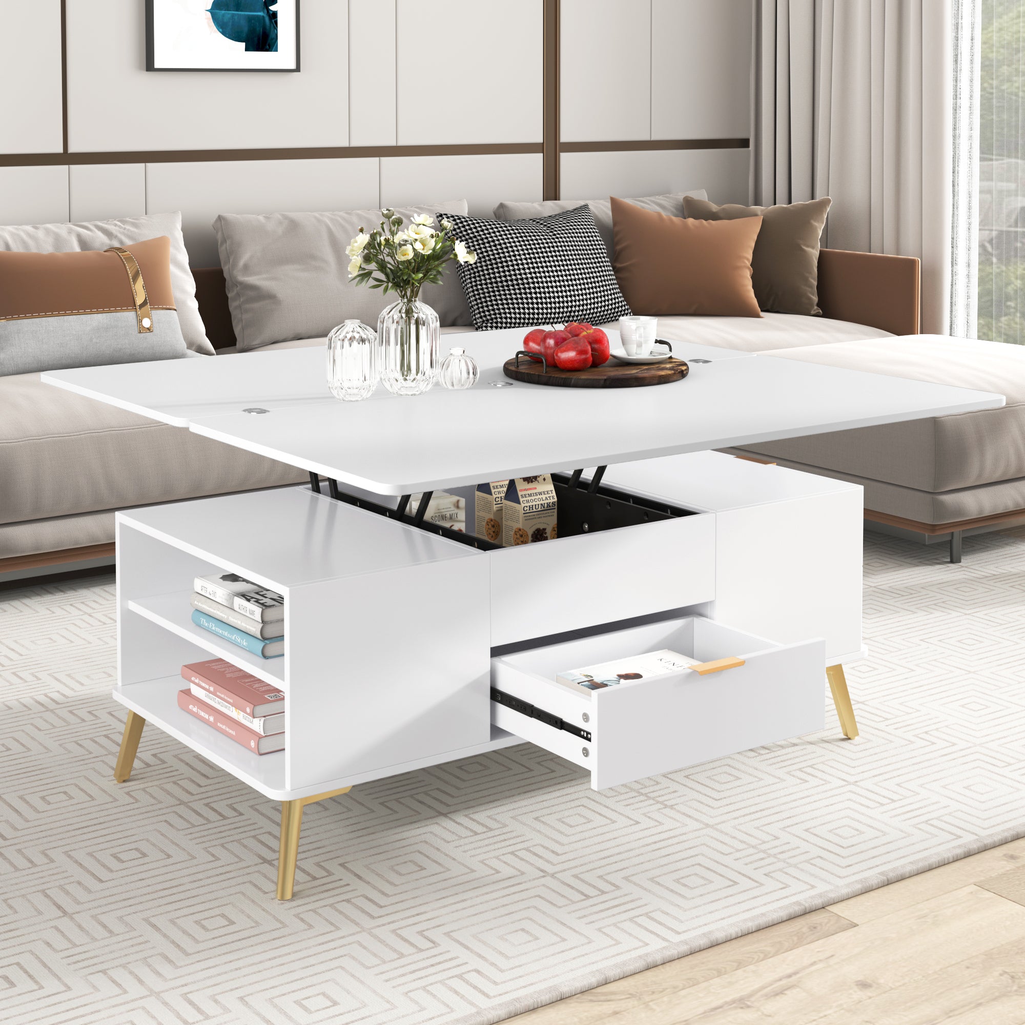 Modern Lift Top Coffee Table Multi Functional Table with Drawers in White