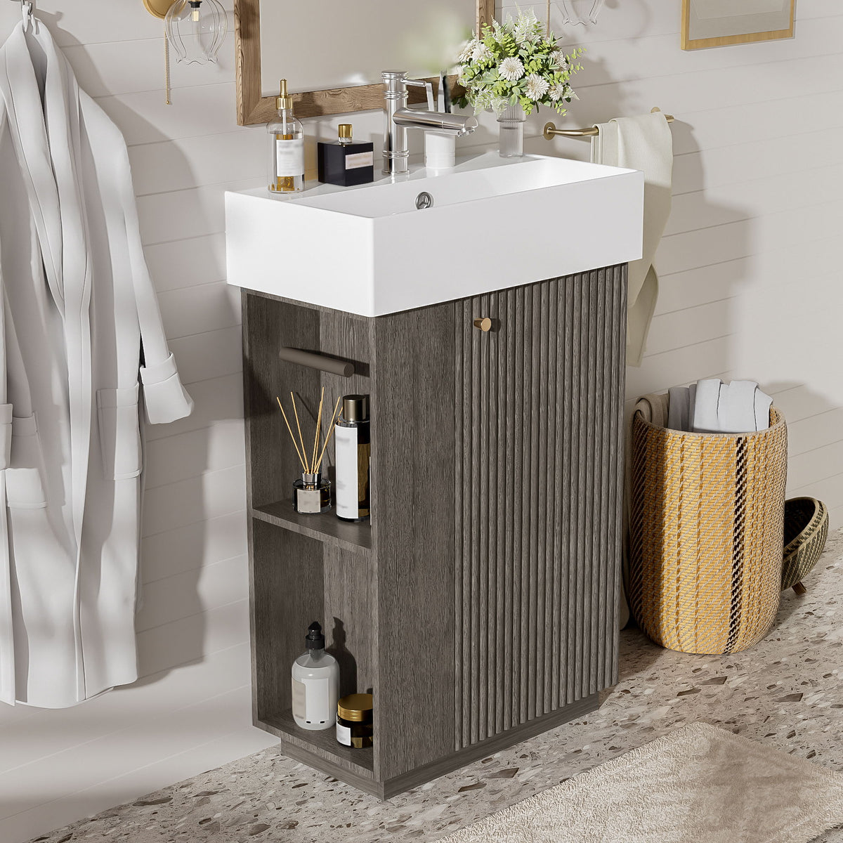 Bathroom Vanity With Sink, Freestanding Wood Grain Cabinet With Storage