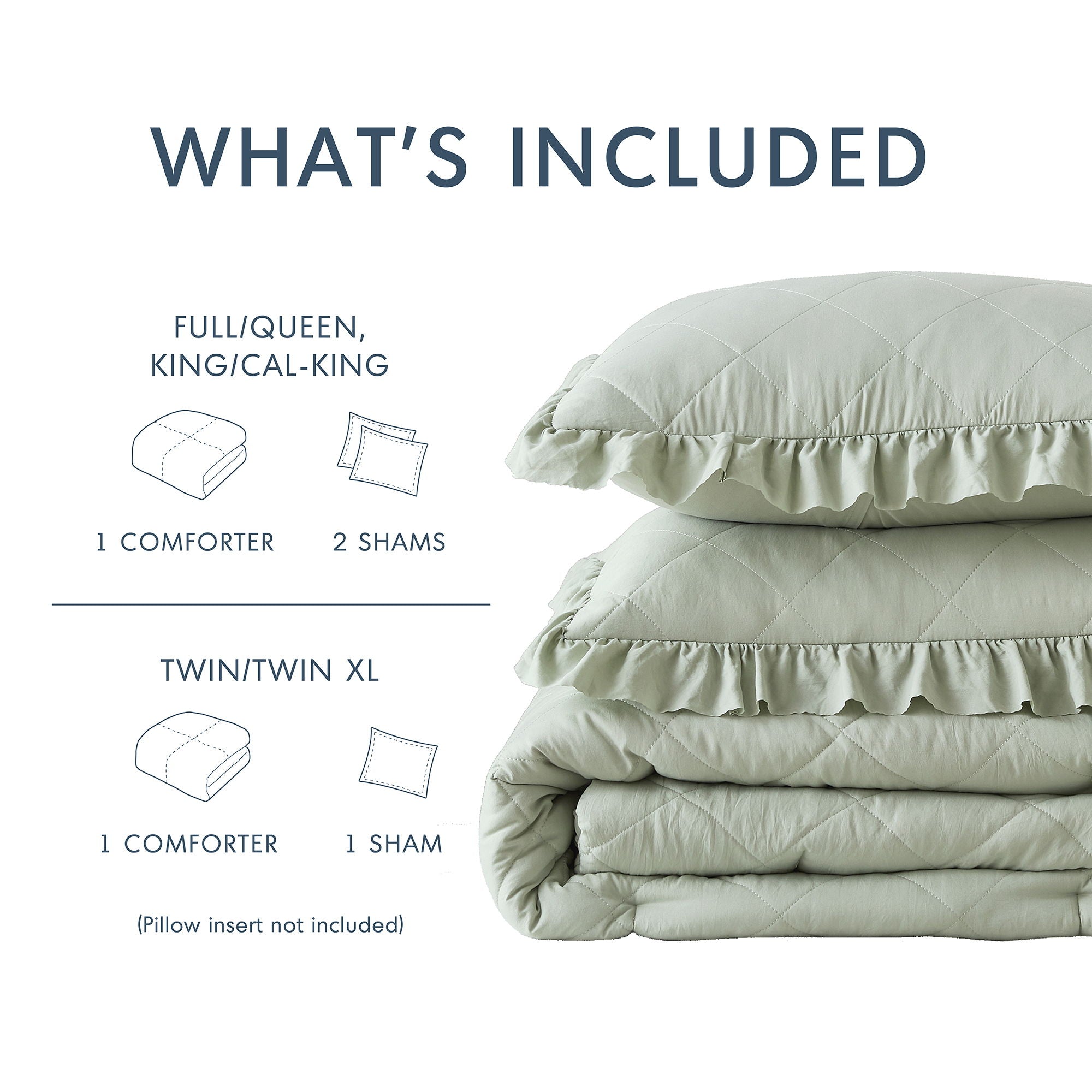 Phoebe - Twin/Twin Long Diamond Quilted Ruffle Edge Comforter Set - Sage