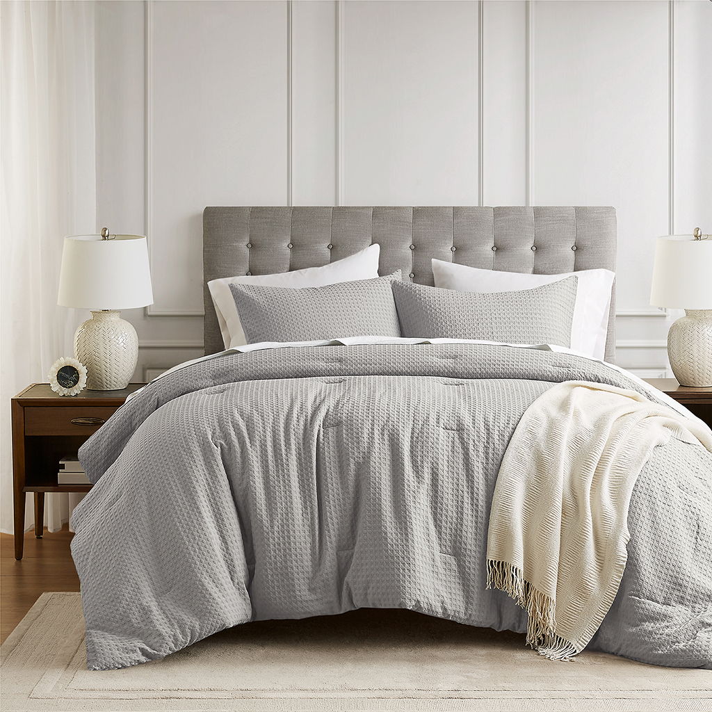Mina - King/California King Waffle Weave Textured Comforter Set - Light Gray